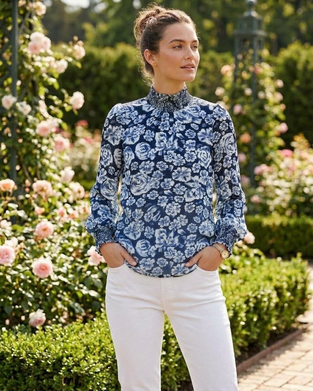 J.Crew Smocked Mock Neck Top Navy Blue White Floral Chiffon Blouse NWT Sz Small